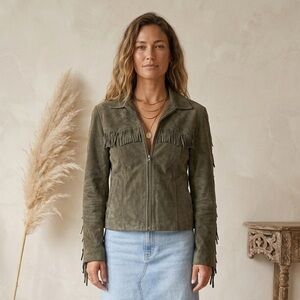 🔴 Vintage Jou Jou Skins Boho Fringe Suede Leather Jacket Brown Small Western